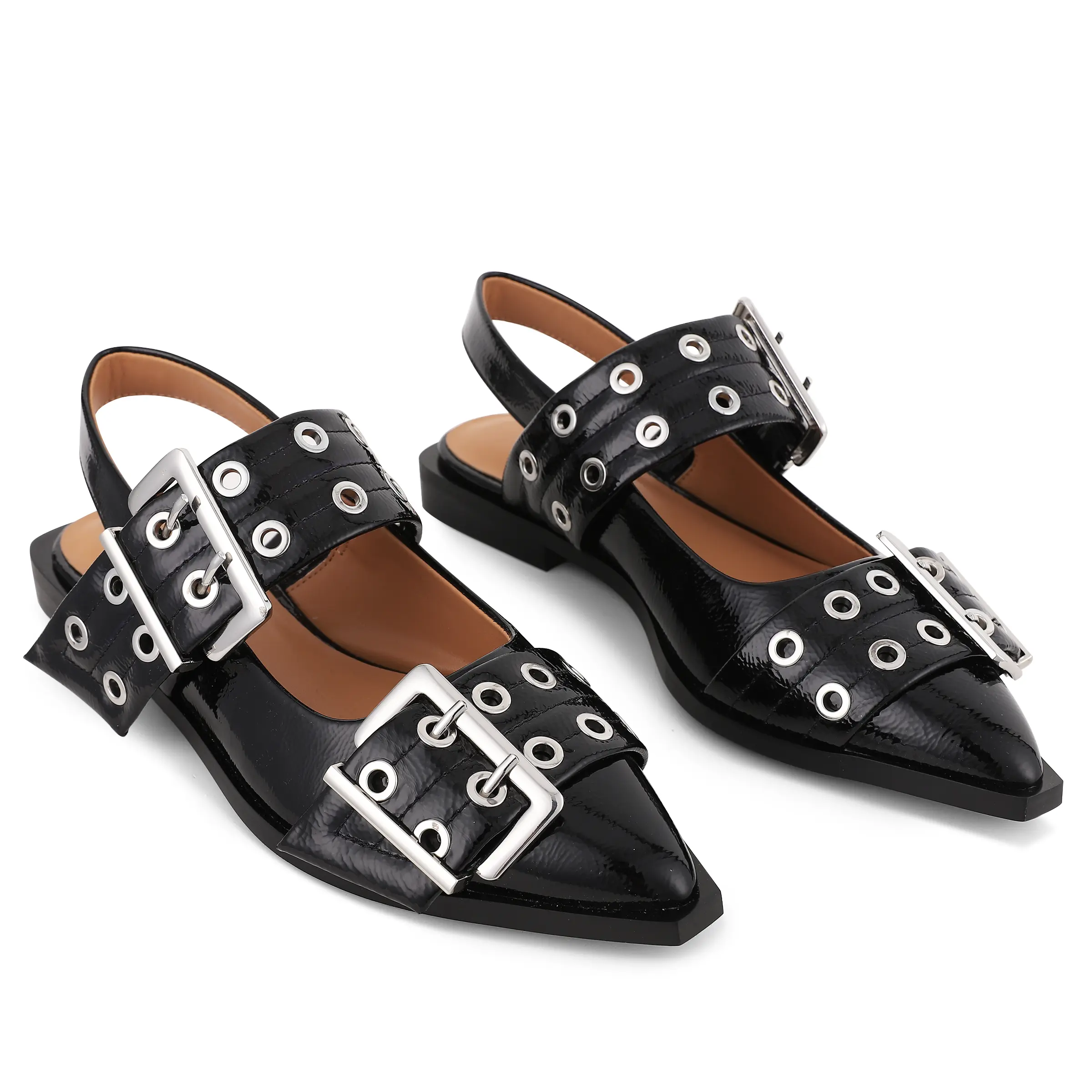 Women's Pointed Toe Ballet Flats, Studded D'Orsay Slingback Footwear with an Embellished Buckle Ankle Strap