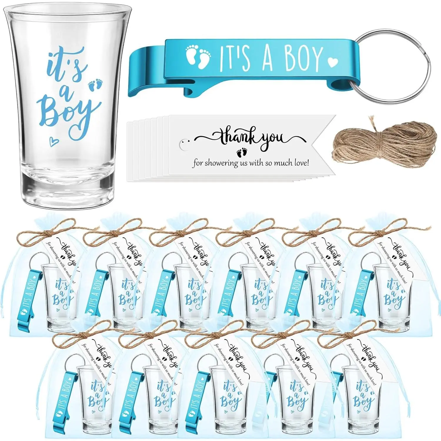 25-Set Boy Baby Shower Guest Return Gift Kit - Aluminium Cups, Cute Bottle Opener Keychains, Thank You Tags, Thank You Bags - Festive Party Supplies for Baby Shower Themes, Gender Reveal Parties
