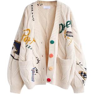 utcovo Women's Cable Knit Long Sleeve Open Front Cardigan Sheep V-Neck Button Down Embroidery Wool Blend Sweater Coat Outwear,summerwins,summeroutfits,vacationoutfits,beachoutfits