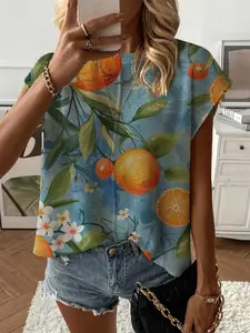 Summer Round Neck Short Sleeve Knit Top, Print Casual Elegant Commuter Wear, Women's Loose Fit Bikini Cover-Up