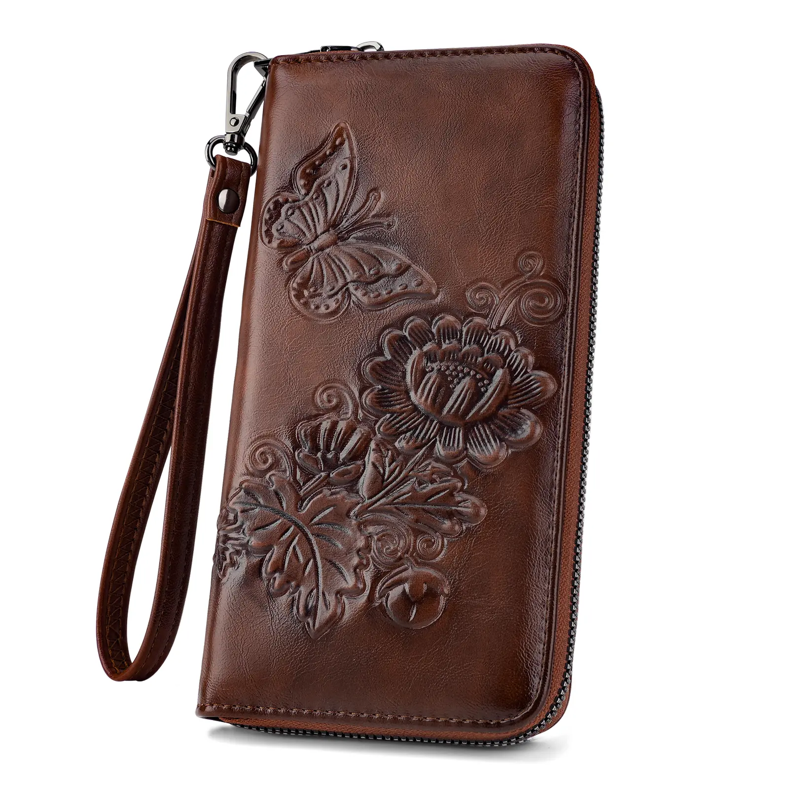 Embossed Floral RFID Wallet for Women | Vintage Vegan Leather Zip Around Wristlet with Large Capacity Card Holder
