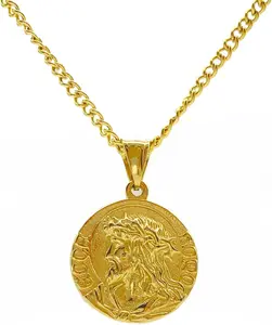 K Gold Plated Jesus Coin Necklace, Christian Prayer Pendant for Men Women, Religious Necklace