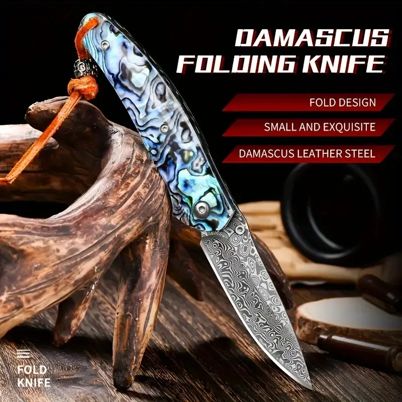 Damascus steel folding knife, outdoor portable knife, super sharp knife, fruit knife, hand handle, meat knife, men's knife, portable pocket knife, gift