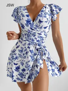 Summer Trend Bottom Blue Flower Floral Print Swimsuit, Ruffle Sleeve Bow Design, Cross Front Chest, Side Pleated Waist, Elegant Style