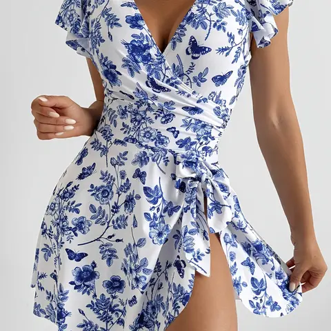 Summer Trend Bottom Blue Flower Floral Print Swimsuit, Ruffle Sleeve Bow Design, Cross Front Chest, Side Pleated Waist, Elegant Style, Stylish Bathing Suit