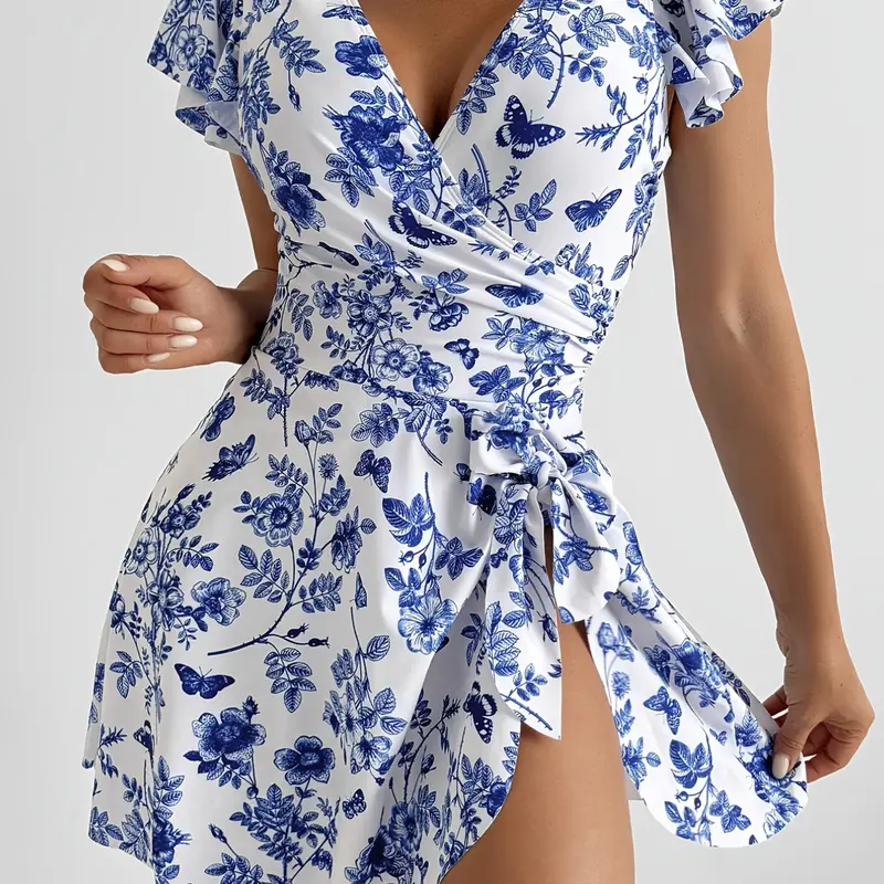 Summer Trend Bottom Blue Flower Floral Print Swimsuit, Ruffle Sleeve Bow Design, Cross Front Chest, Side Pleated Waist, Elegant Style, Stylish Bathing Suit