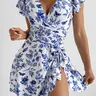 Summer Trend Bottom Blue Flower Floral Print Swimsuit, Ruffle Sleeve Bow Design, Cross Front Chest, Side Pleated Waist, Elegant Style, Stylish Bathing Suit