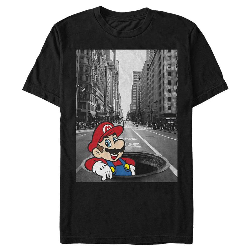 Super Mario T-Shirt Men's Black and White City Scene Adult Graphic Tee
