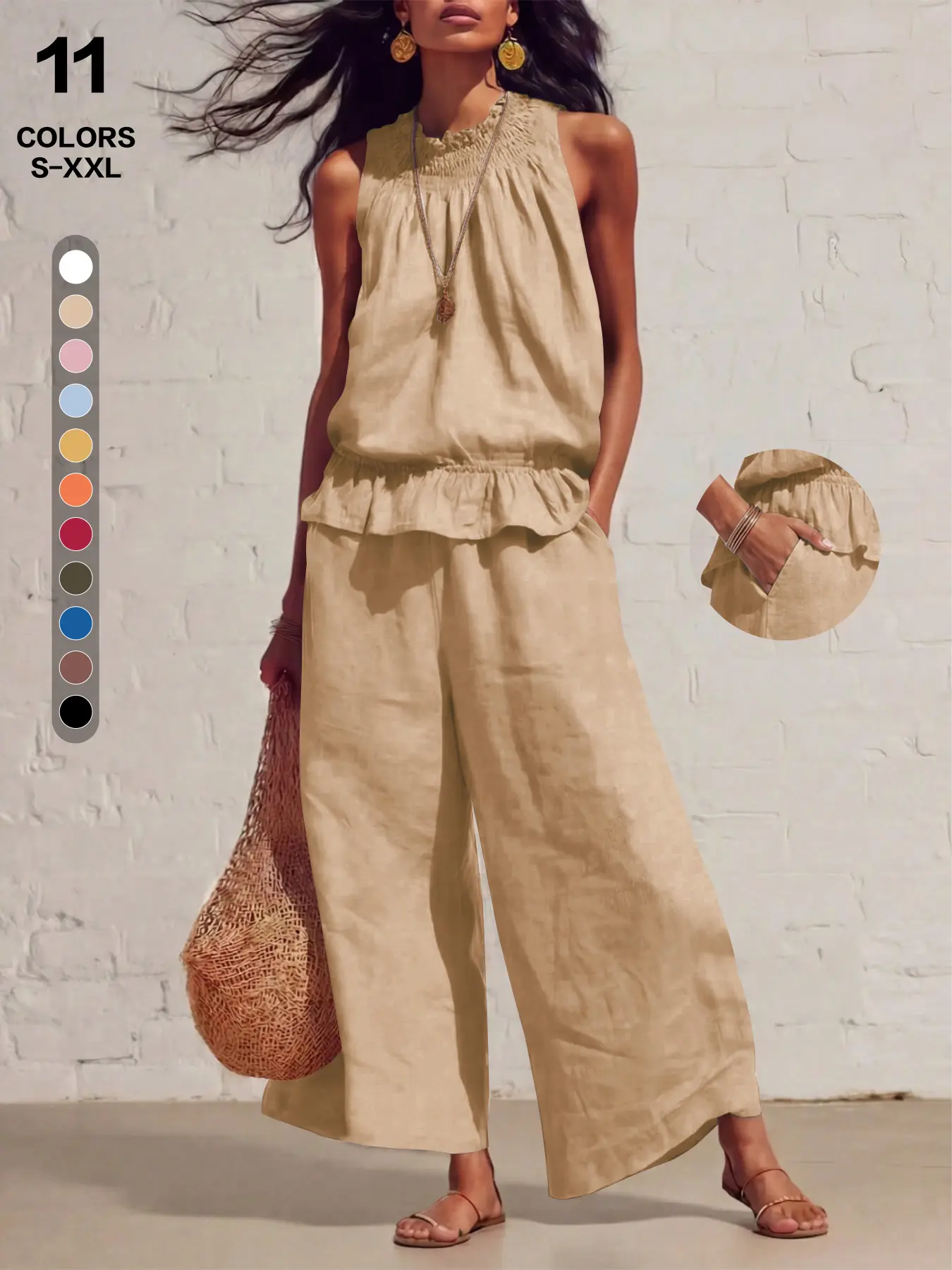Women's Chic Bohemian 2-Piece Outfit - Crinkle Smocked Mock Neck Peplum Top and Wide-Leg Lounge Pants Set with Pockets