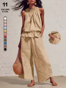 Women’s Casual 2-Piece Linen-Style Set | Smocked Mock Neck Sleeveless Top & Wide-Leg Pants Outfit | Trendy Boho Vacation Matching Outfits Sizes S–XXL