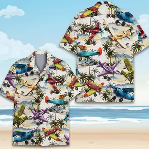 Vintage Airplane Hawaiian Shirt for Men and Women, Tropical Propeller Plane Aloha Shirt, Retro Aviation Button Down, Summer Travel Gift