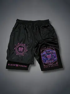 Sleep Token Mystical Rock Band Shorts, Geometric Print, American High Street Double Layer Pleated Sporty Fitness Five-Quarter Pants, Training Shorts, Workout Shorts, Active Athletic Shorts, Drawstring Active Shorts, Streetwear Sports Shorts, Track Shorts