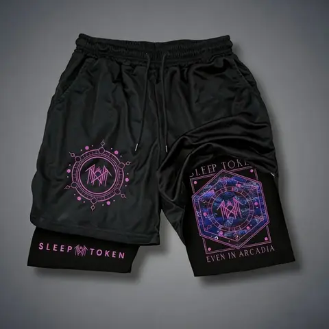 Sleep Token Rock Band Shorts, Geometric Print, Double Layer Sporty Fitness Five-Quarter Pants, Training Workout Shorts, Drawstring Athletic Shorts, Track Shorts, Sports Short