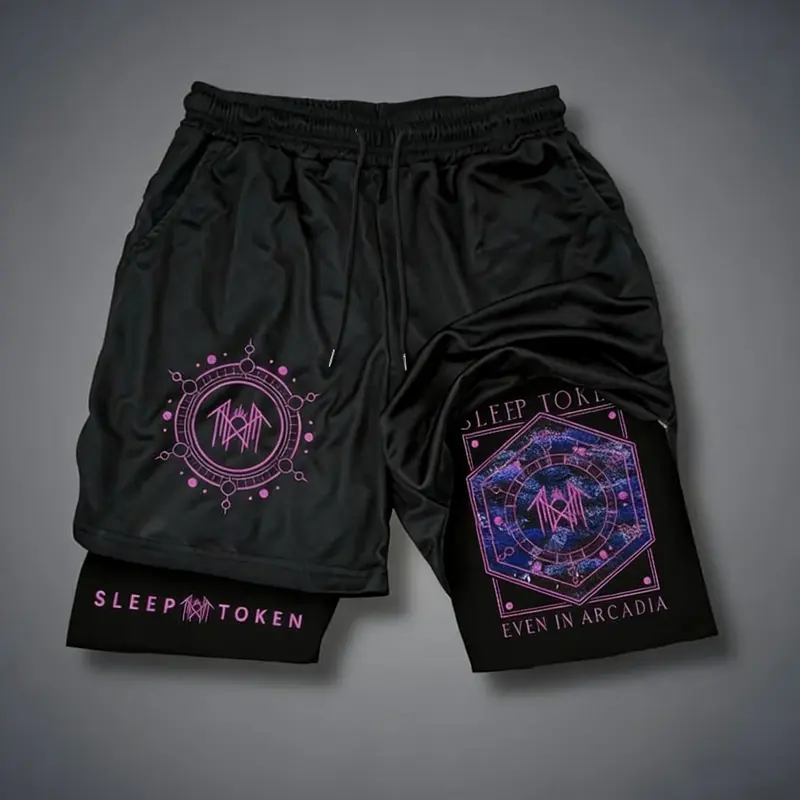 Sleep Token Rock Band Shorts, Geometric Print, Double Layer Sporty Fitness Five-Quarter Pants, Training Workout Shorts, Drawstring Athletic Shorts, Track Shorts, Sports Short