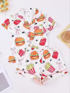 Women's Burger Print Pajama Set, Short Sleeve Button-Down Top & Elastic Shorts, Casual All Seasons Sleepwear, Fashionable Home Wear