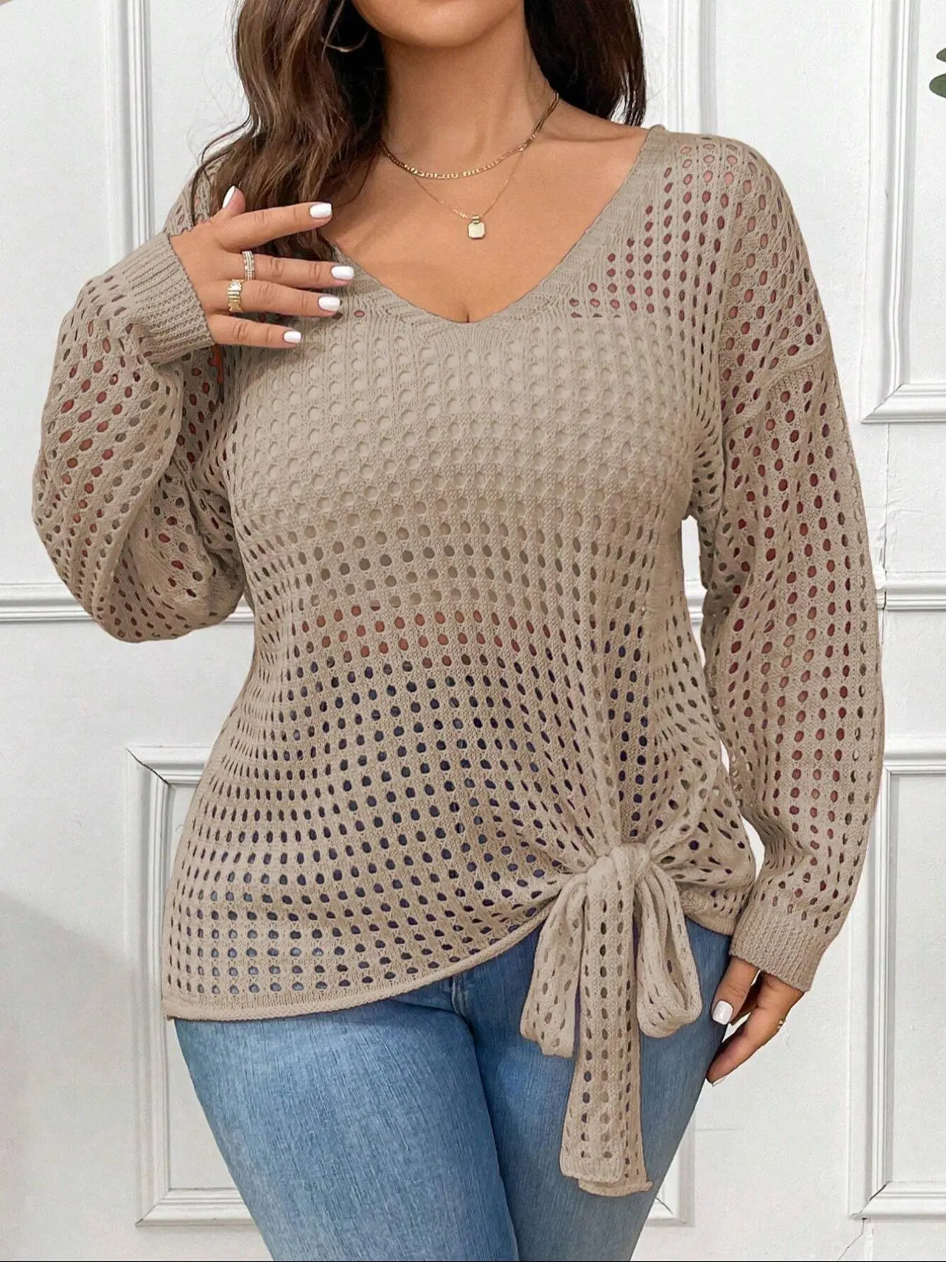 Women's Plus Size Hollow Out Drop Shoulder Long Sleeve Knit Sweater, Knitwear, Tops, Womenswear, Garment, Casual Loose-Fitting Spring & Fall Fashion, Thin Fabric, Lightweight, Knot Design, Knitting, Lady, Piece