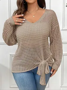 Women's Plus Size Hollow Out Drop Shoulder Knit Sweater, Knitwear, Tops, Casual Loose-Fitting Spring & Fall Fashion, Thin Fabric, Lightweight, Knot Design