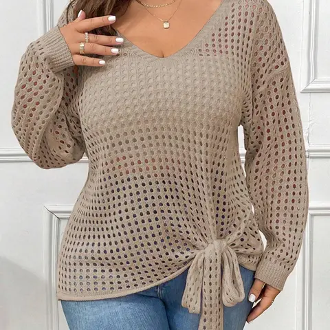 Women's Plus Size Hollow Out Drop Shoulder Long Sleeve Vneck Knit Sweater, Knitwear, Tops, Womenswear, Casual Loose-Fitting Spring & Fall Fashion, Thin Fabric, Lightweight, Knot Design, Knitting, Lady, Piece