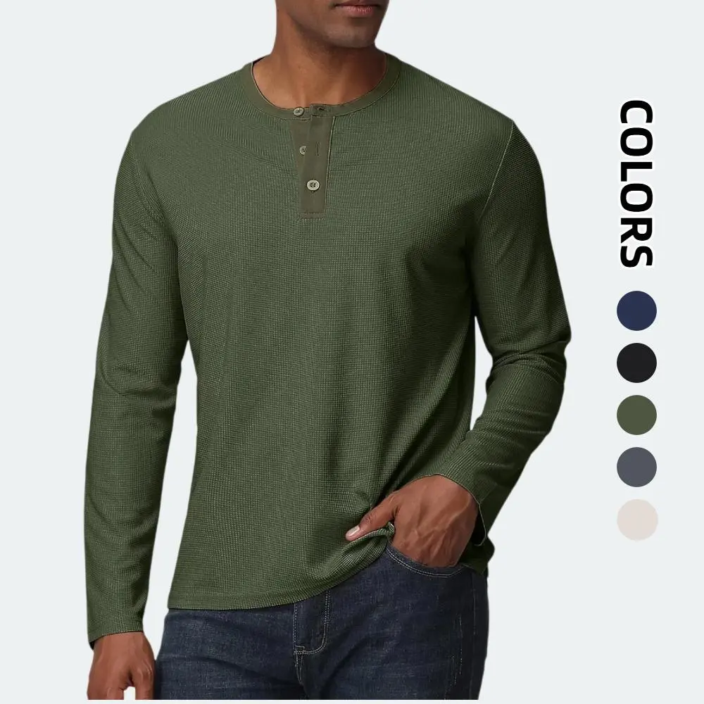 Men's Henley Shirts Long Sleeve Waffle Casual Pullover T-Shirts Basic Textured Button Lightweight Shirts ,summerwins streetwear workout tops Knit workout tops