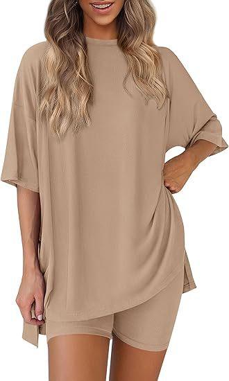 Women's 2-Piece Solid Color Lounge Set: Oversized Crewneck Half-Sleeve Tunic Top with Matching Biker Shorts - Plus Size Tracksuit Women's 2-Piece Solid Color Lounge Set: Oversized Crewneck Half-Sleeve Tunic Top with Matching Biker Shorts - Plus Size Tracksuit