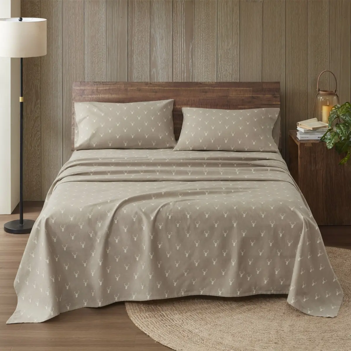 Woolrich WR20-4098 100% Cotton Flannel Sheets Queen Bedding Set - Stag Head Printed Design, Bedding Sets
