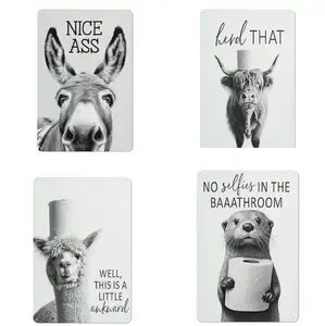 Funny Bathroom Metal Sign Black and White Donkey Cow Pictures Decor 8x12inchx4pcs for Toliet Bedroom Retro Charm Humor Animal Prints Ideal for Girly Dorms Bedrooms and Apartments
