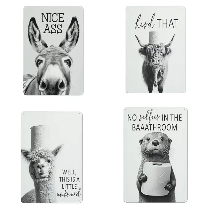 Funny Bathroom Metal Sign Black and White Donkey Cow Pictures Decor 8x12inchx4pcs for Toliet Bedroom Retro Charm Humor Animal Prints Ideal for Girly Dorms Bedrooms and Apartments