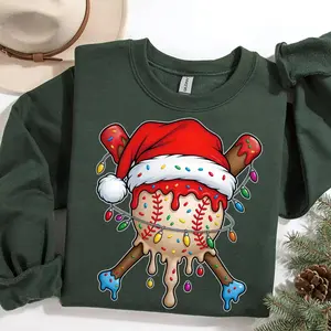 [Christmas For Men And Women] Funny Baseball Christmas Sweatshirt – Santa Hat Holiday Lights Ugly Xmas Sweater Gift for Baseball Lovers, Festive Winter Cozy Pullover for Men & Women - TShirt - Sweatshirt -  HoodieS