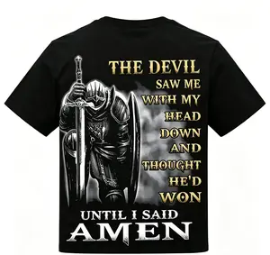 Men's Round Neck Shortsleeve Graphic T-Shirt - Knight Templar Faith Christian Letter Print, Vintage Religious Menswear, Plus Size Casual Sports Top