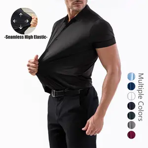 High Elastic Soft Fabric Men's Muscle Fit Dress Shirt, 4-Way Stretch Wrinkle-Free Short Sleeve Collared Shirt, Versatile for Business Workout Daily Commute