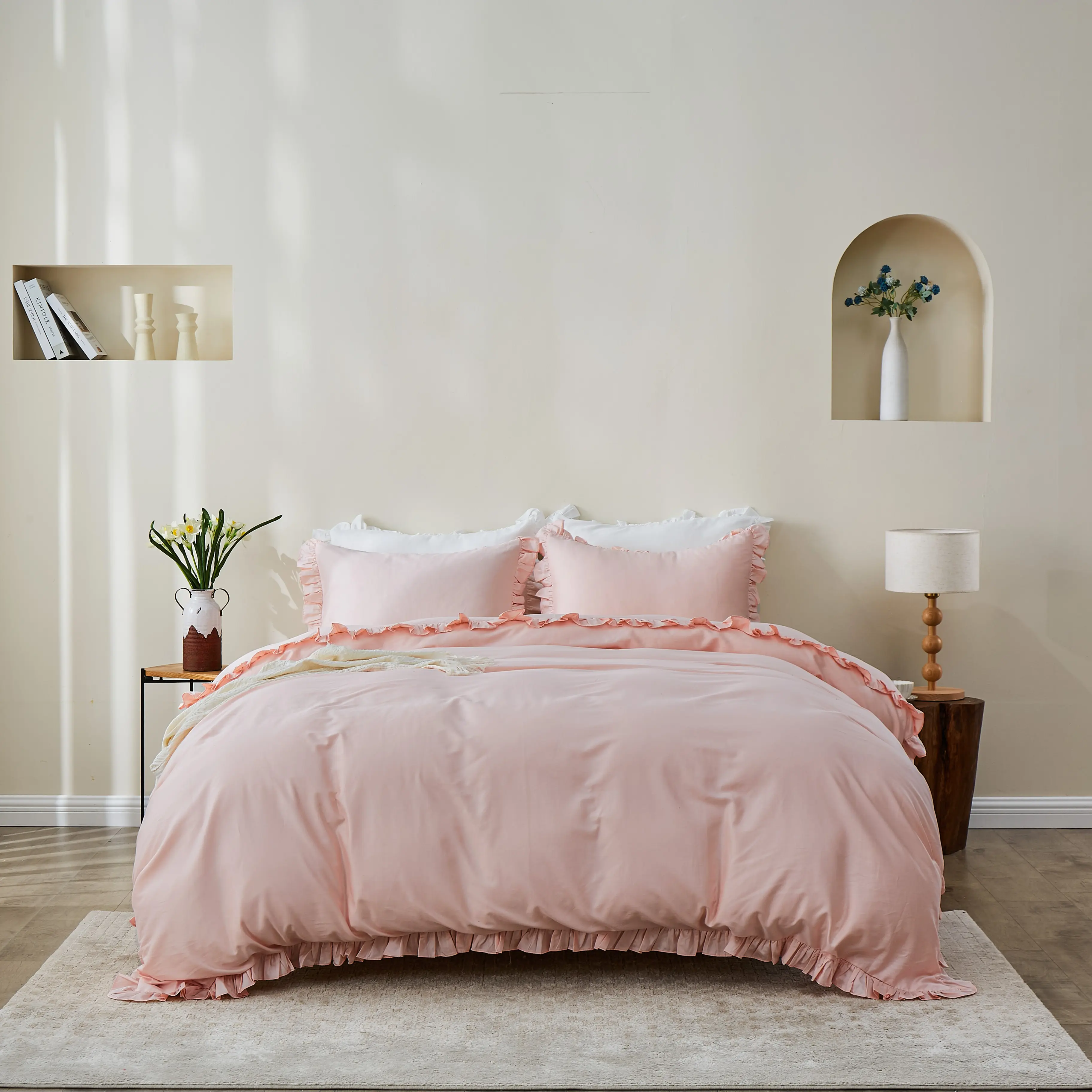 Simple&Opulence 100% Organic Cotton Duvet Cover Ruffle Cute Lace Vintage Boho Shabby Chic Farmhouse Bedding Set