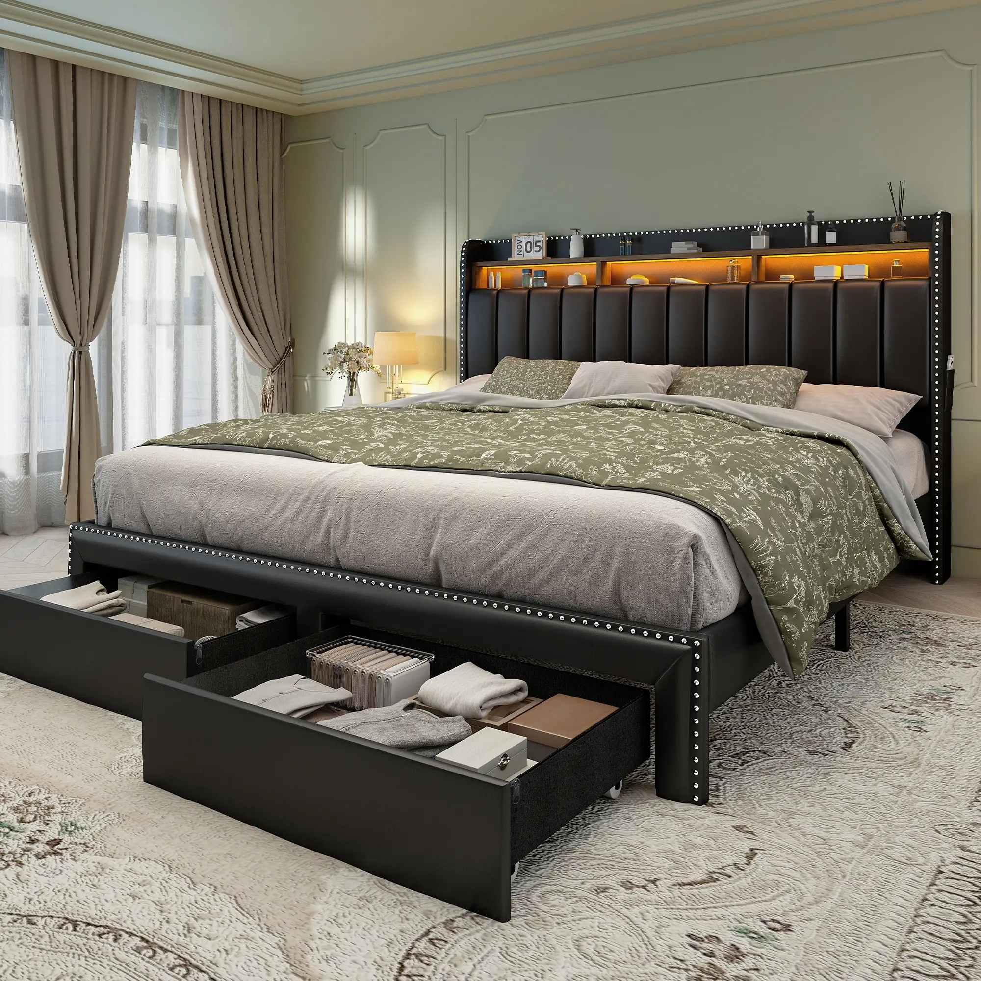[Summerwins] SIBEDS Queen LED Bed Frame with Headboard, Modern Upholstered Platform Bed with Storage Drawers & Rivet Trim, Adjustable Headboard, No Box Spring Needed, Twin/Full/Queen/King Bedroom Furniture