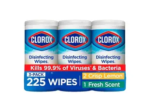 Clorox Disinfecting Wipes Value Pack 225 Count 3 Pack 75 Each Kills 99.9% of Viruses & Bacteria 2 Crisp Lemon 1 Fresh Scent Household Essentials