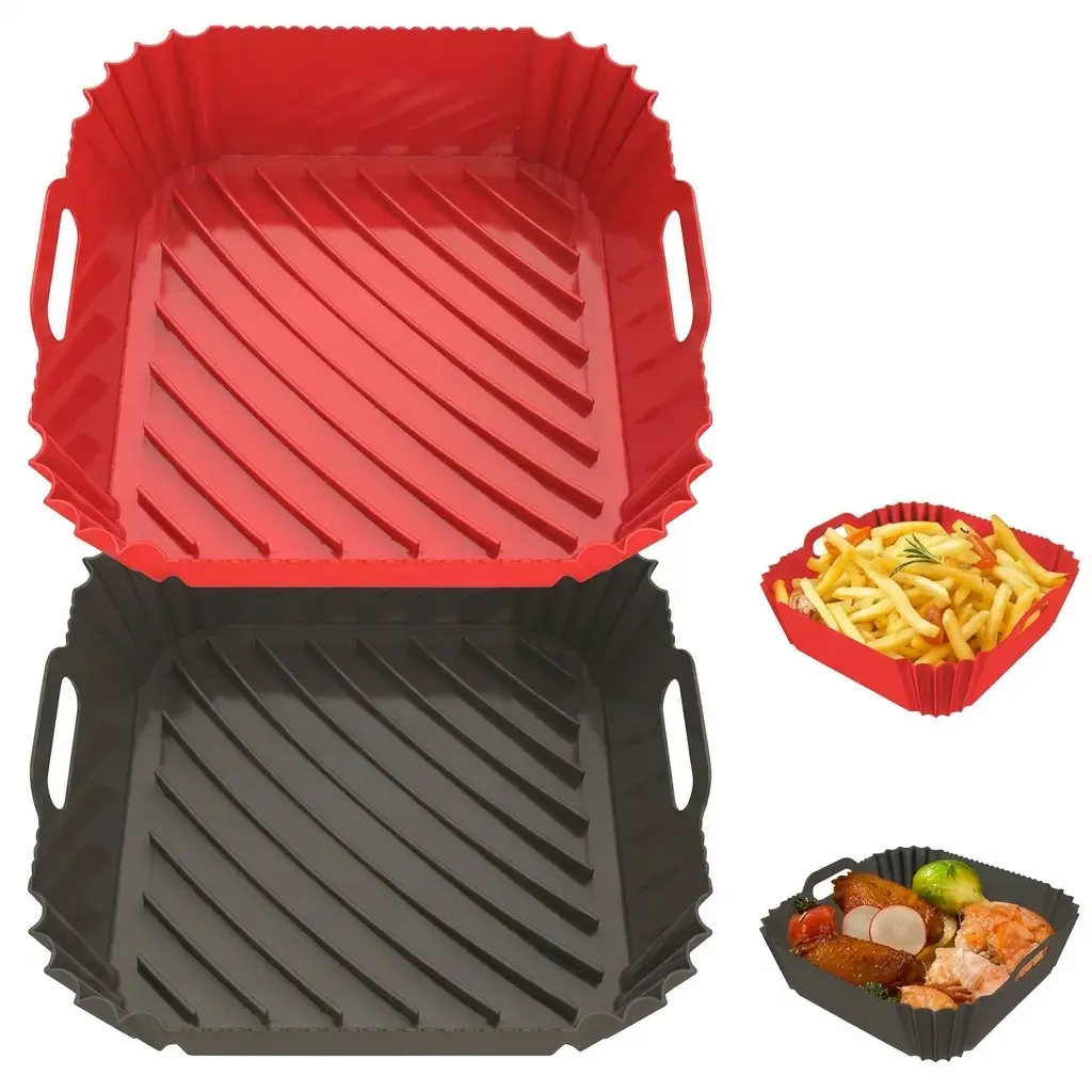 2 Pack Silicone Air Fryer Liners Square for 4-6, 5-9, 8-10 QT, Heat Resistant Pot Oven Liners Reusable Baking Tray Mat Kitchen Accessories Home Cooking Utensils