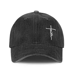 Handwritten Faith Cross Printing technique Vintage Washed Dad Hat - Christian Faith Baseball Cap