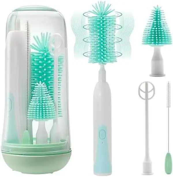 Electric Bottle Brush Cleaner Rechargable Electric Baby Bottle Brush for Travel Waterproof Electric Bottle Cleaner Set with Nipple & Straw Brush Perfect Essentials Gift for Mom After Birth Green