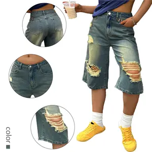 Vintage Distressed Denim Culottes for Women - Light Wash Ripped Jean Capris with Baggy Fit