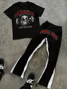 Men's Casual Two-Piece Set, Cartoon Print Round Neck Short Sleeve T-Shirt & Drawstring Flare Pants, Loose Fit Street Style