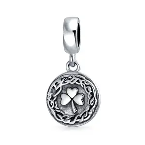 .925 Sterling Silver Disc Lucky Celtic Knot Lucky Leaf Shamrock Irish Clover Dangle Charm Bead