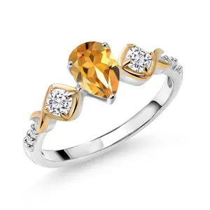 1.15 Cttw Yellow Citrine White Moissanite and Lab Grown Diamond Engagement Ring for Women | 925 Silver and 10K Yellow Gold | 7X5MM Pear Shape | Wedding Engagement Ring
