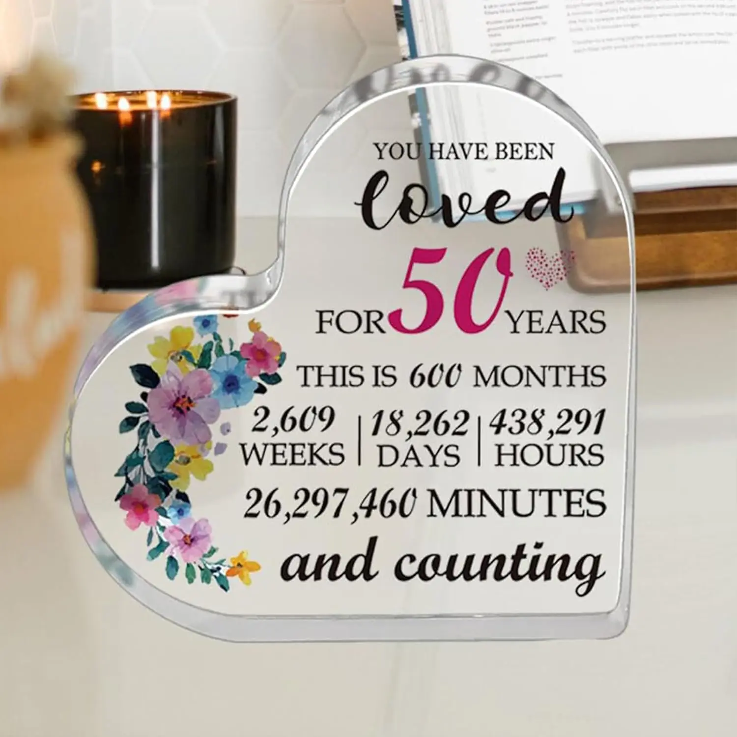 Heart Shaped Floral Acrylic Desk Plaque - 50-Year Loved Anniversary Tabletop Sign, Decorative Bedroom Keepsake, Gift for Women for 50th Birthday, Christmas