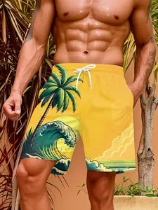 Men's 3D digital printed bright yellow coconut wave beach shorts, lightweight beach shorts suitable for surfing, swimming, fitness, vacation and sports, comfortable, stylish and versatile, a must-have for summer, an ideal gift for men Summer Swim Trunks