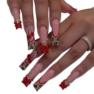 Press-On Nails 24 Pcs — Long Square Leopard Print, French & 3D Cherry Design with Rhinestones