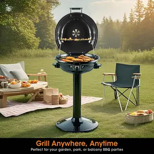 Techwood 1600W Corded Electric BBQ Grill - 15-Serving Smokeless Cook, Double Layer Design, Circular Top, Portable Barbecue Grill with Removable Stand, Fast-Heating Nonstick Large Grilling Surface for Indoor Family Use