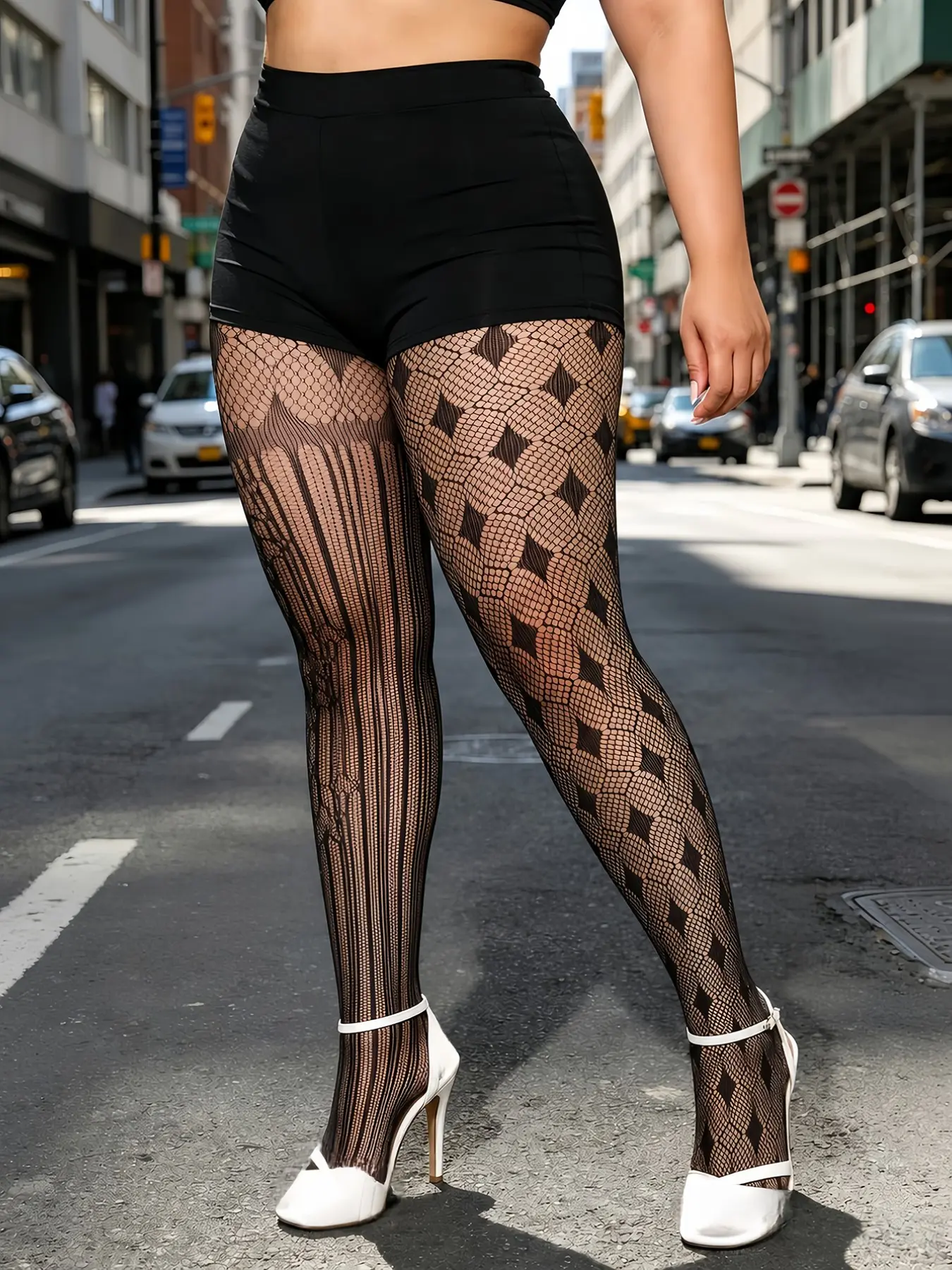 Plus Size Women's Asymmetric Fishnet Tights, Stretchy, Stripe & Diamond Pattern, Sexy Y2K Stretch Hosiery, Party & Daily Wear
