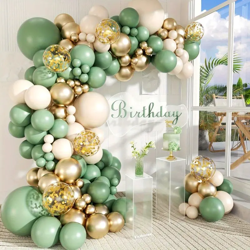 112pcs Green Sand White Golden Balloon Arch Kit with Golden Confetti Balloon for Adult Wedding Engagement Anniversary Bridal Shower Baby Shower Birthday Party Decorations