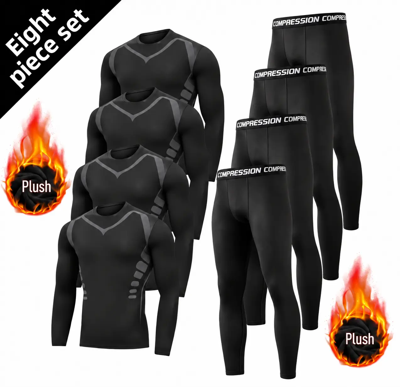 Men's 8-Piece Fleece Lined Thermal Compression Set, Performance Enhancing Sports Thermal Underwear, Warm Long Sleeve Shirts & Leggings, Stretch Workout Gear for Winter Running, Hiking, Performance Enhancing Men's Sports Thermal Underwear