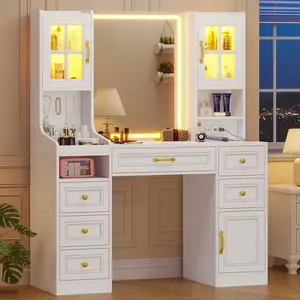 Sikaic LED Makeup Vanity with Charging Station White Furniture Bedroom Table Storage Drawer Organization vanity mirror