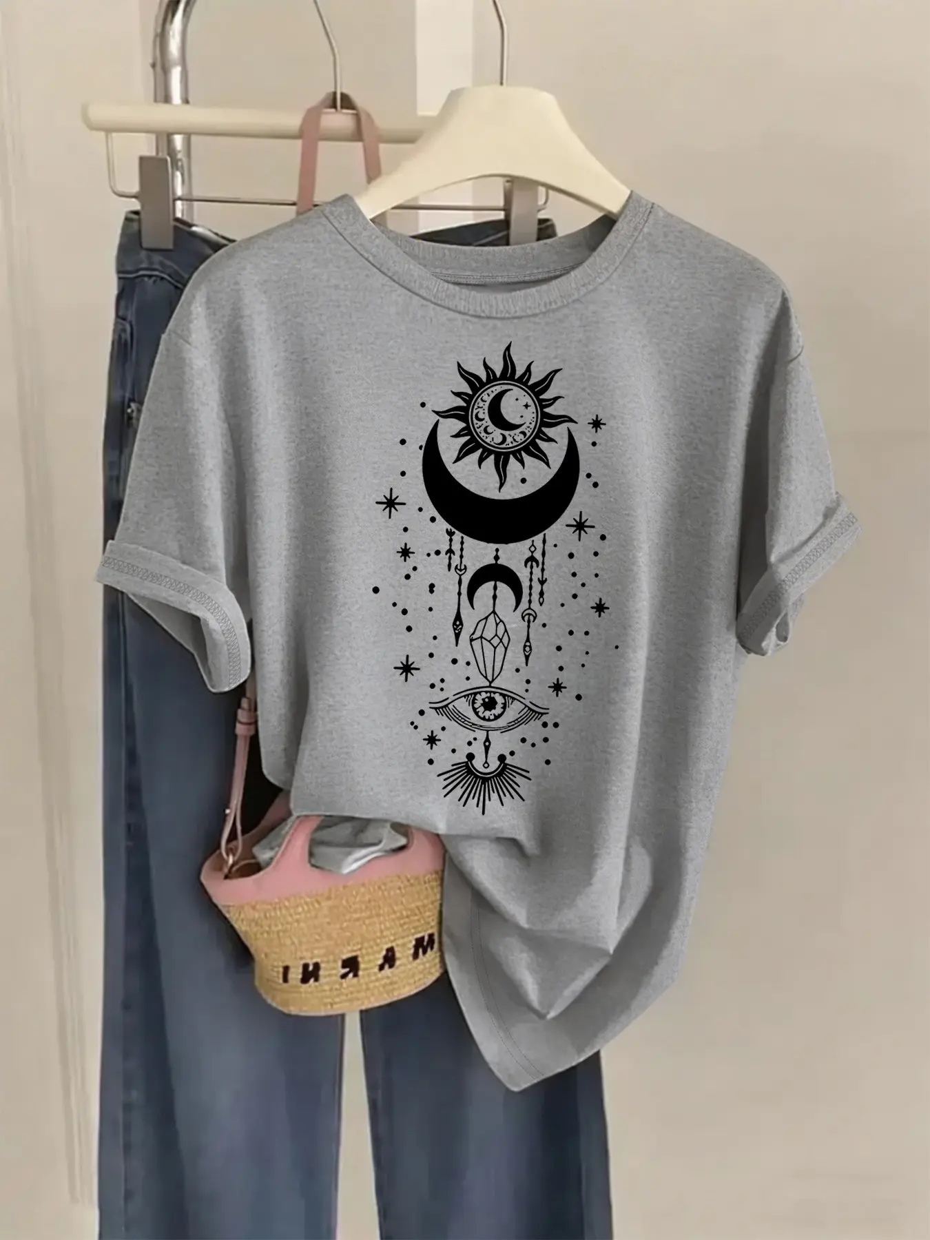 Women's Crew Neck Short Sleeve T-Shirt Top 3 Colours Available Tarot Style Sun Moon & Mystical Symbol Print Youthful Brightening Flattering Slimming Loose Fit Soft Skin-Friendly Breathable Lazy Versatile For Daily Commute Travel Dates Girls Outings