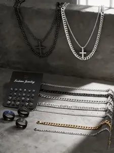 38-Piece Jewelry Set, Casual Hip-Hop Stainless Steel Men's Accessories, Zircon Earrings, Cross Necklace, Bracelet, Ring, Birthday Gift